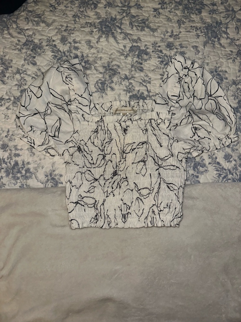 Monteau White Smocked Crop Top with Black Abstract Line Print